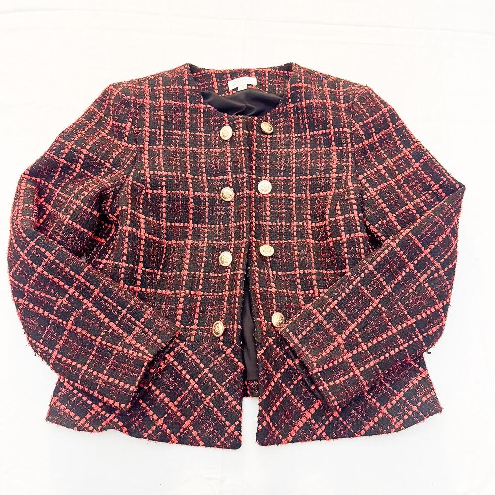 Tahari Tweed Plaid Red Patterned Tartan Blazer Jacket Gold Buttons Size 14